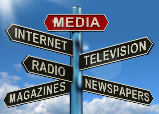 Media Signpost Showing Internet Television Newspapers Magazines